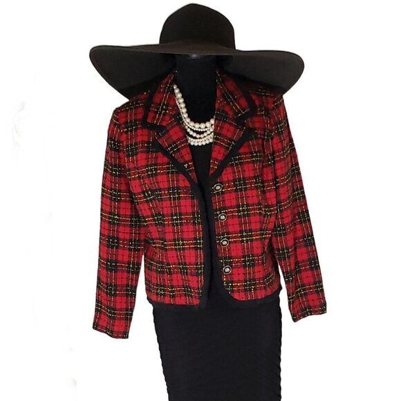 Michael B Ltd Womens Red Black Petite Plaid Button Up Acrylic Blazer Jacket 10 - Picture 8 of 8
